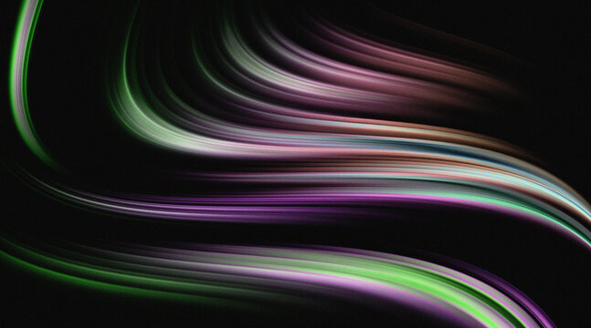 Abstract colorful grainy wave light trails on black background.