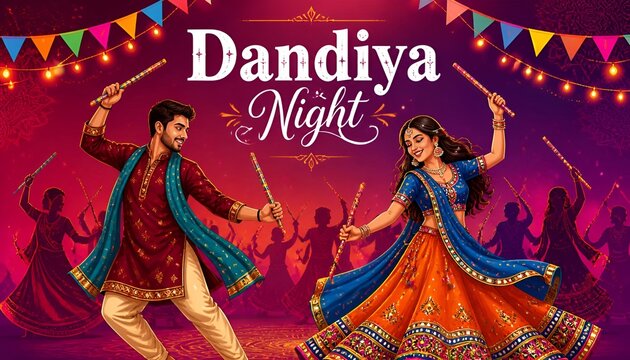 Garba Night poster for Navratri Dussehra festival of India. vector illustration design of peoples playing Dandiya dance.