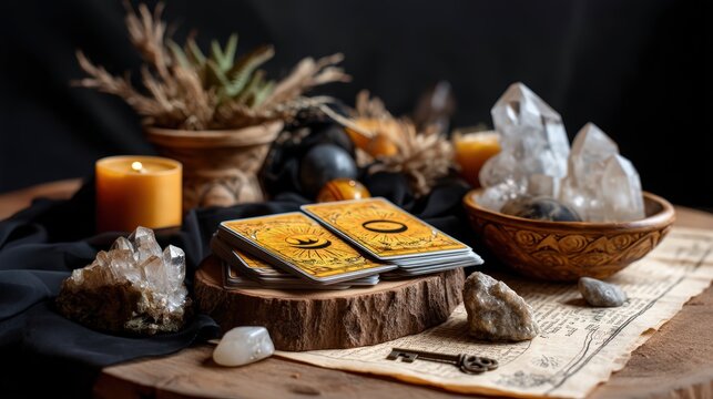 Mystical tarot deck and crystals in a dark witchy ritual setup