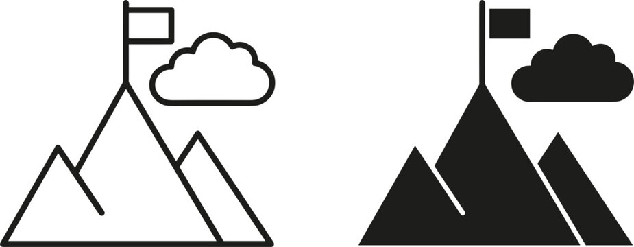 Mountain peak flag success icon templates showing thin line outline and solid black silhouette business goals