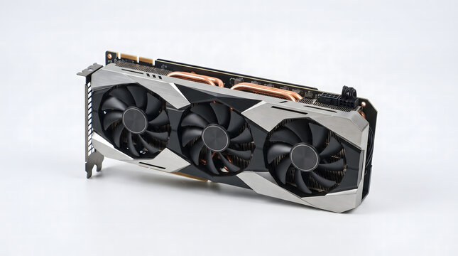 Professional-grade modern GPU featuring a triple-fan cooling system and vibrant circular RGB LED lighting. This high-end computer component is captured from a front view and isolated on a clean white 
