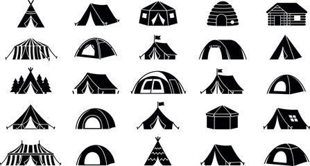 Diverse camping shelters icon collection featuring wilderness tents tourist canopies portable yurts historic teepees and rustic cabins © MSTRAZINA