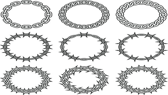 Circular chain and barbed wire frame set with crown of thorns vector frames for graphic badges.