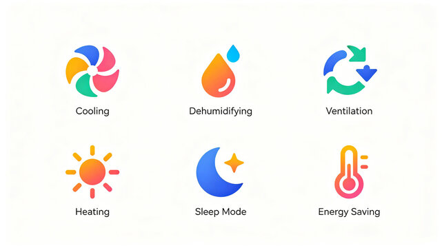 HVAC equipment function icon, representing the concept of cooling, heating, dehumidification, and sleep, suitable for smart home promotion and product manual illustration.
