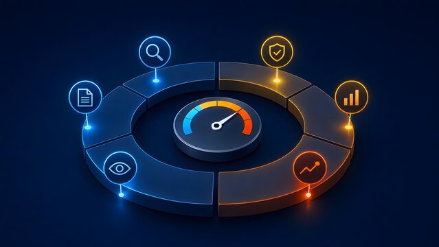 Futuristic 3D circular dashboard diagram with glowing speedometer and business analytics icons representing network performance and data monitoring.