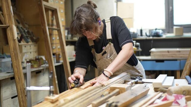 Concentrated craftswoman restorer engaged in working process of restoration in carpentry workshop, skilled woman carpenter shaping and smoothing edges of old wooden board with hand plane at workplace.