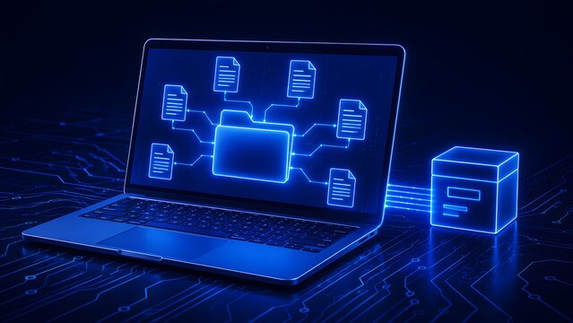 Glowing blue digital file network on a laptop screen connected to an external hard drive representing data storage and backup transfer.
