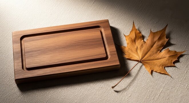 Wooden box with autumn maple leaf on light surface.