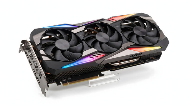 Professional-grade modern GPU featuring a triple-fan cooling system and vibrant circular RGB LED lighting. This high-end computer component is captured from a front view and isolated on a clean white 
