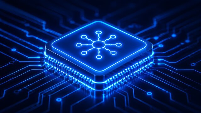 Glowing blue microprocessor chip with central network node icon on digital circuit board illustrating advanced computing technology.