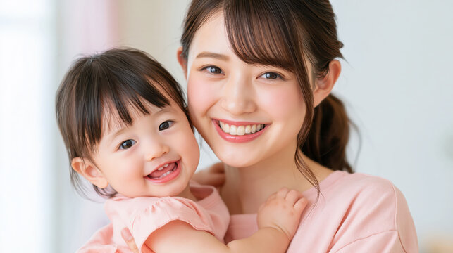 Young Asian mother holding smiling baby girl in pink clothing, expressing warmth and affection at home