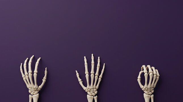 Three skeleton hands showing different gestures on dark purple background for creative layout.