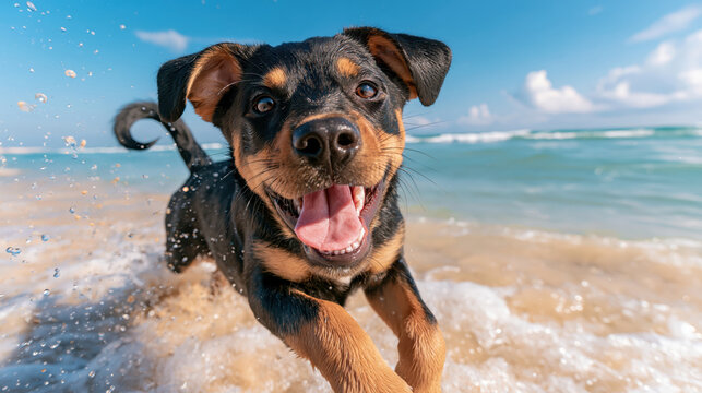 Black and tan puppy leaping through shallow beach waves with joyful expression