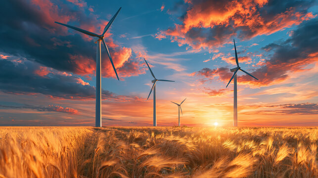 Modern wind turbine above golden wheat field sunset renewable energy sustainable agriculture dramatic cloud gentle breeze