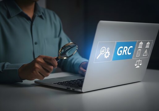 Person using a magnifying glass to inspect grc governance risk and compliance icons on a laptop