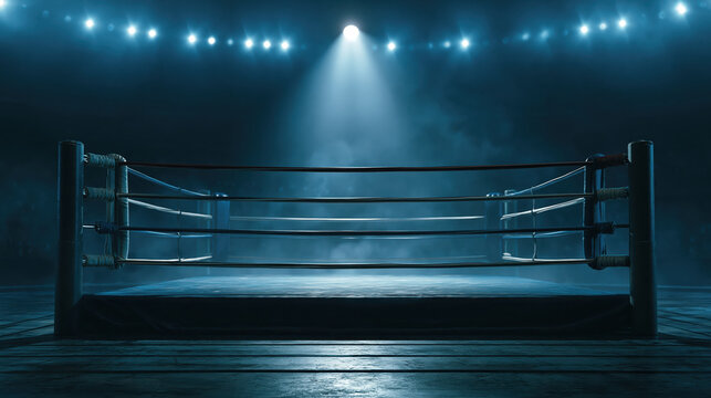 Boxing ring spotlight arena rope darkness blue empty dramatic