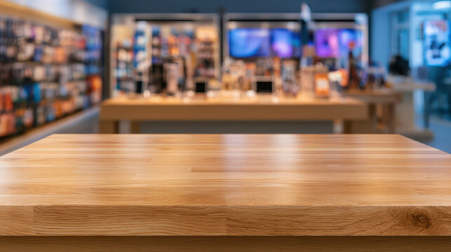 Wooden table in softly blurred retail interior creates clean space for product display, advertising, presentation, or commercial design use