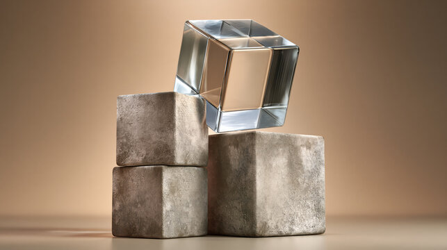 Concrete cube transparent cube stacked cube geometric sculpture metallic cube studio still life