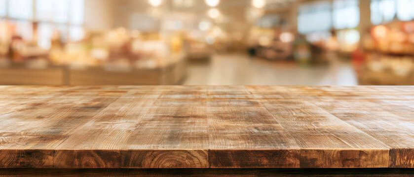 Rustic wooden tabletop with blurred restaurant interior and warm light creating natural food presentation background