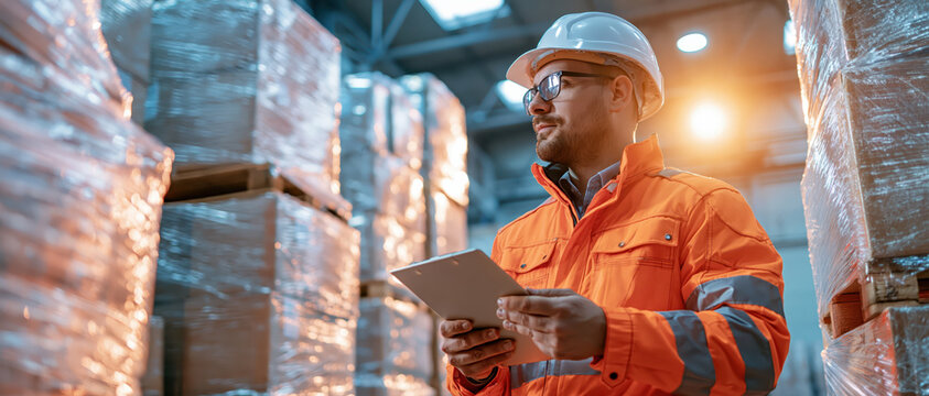 Warehouse technician checking stretch wrapped export pallet before international shipment organized loading dock bright industrial lighting