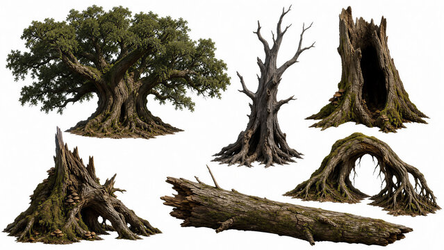 Fantasy ancient trees collection set with mossy roots and old hollow tree trunks isolated on white background
