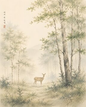 Serene forest with deer and mist