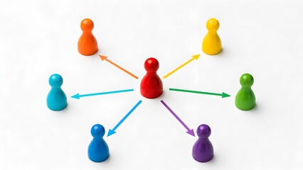 Fototapeta premium Leadership and Delegation Concept with Central Red Figure Directing Colorful Pawns via Arrows