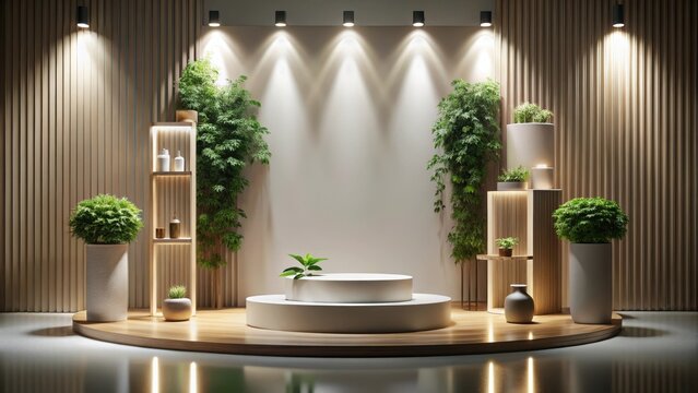 Rendering of a podium booth stage with product background for displaying products