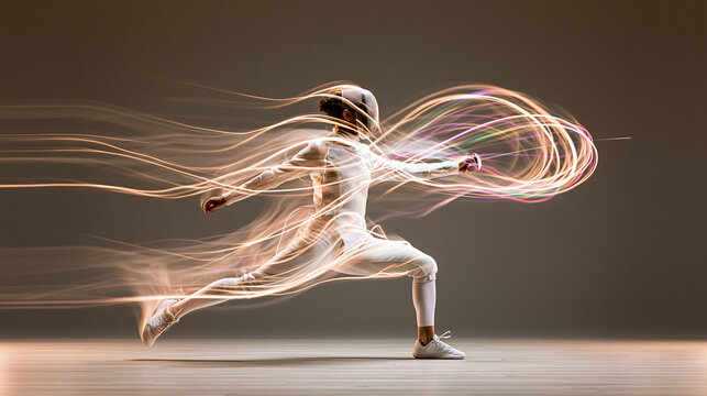 A dynamic image of a fencer captured in motion, with vibrant light trails illustrating speed and agility during a fencing attack.