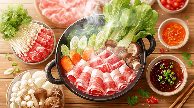 A steaming hot pot filled with thinly sliced meat, mushrooms, greens, and vegetables, surrounded by dipping sauces and additional fresh ingredients on a wooden table.