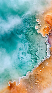 A vibrant geothermal hot spring with swirling turquoise water and mineral-rich orange and white deposits creating a stunning natural pattern.