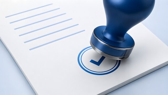 Official Document Approval and Verification Concept with Blue Checkmark Stamp