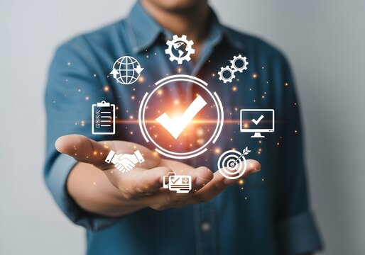 Person holding open hand with glowing checkmark and business process management icons floating