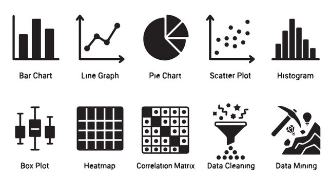 Collection of black data analysis featuring bar charts, line graphs, pie charts, scatter plots, histograms, and data mining tools