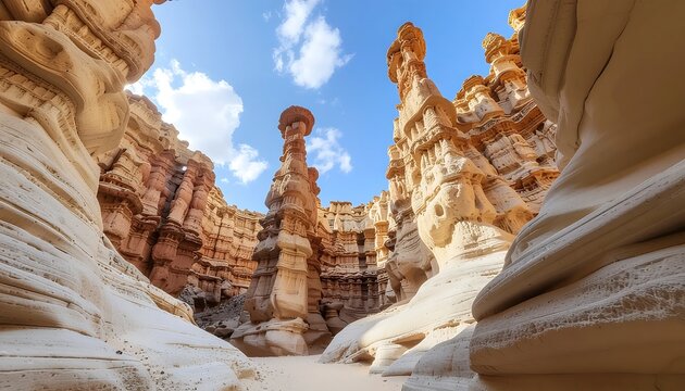 Unique rock formations in a desert canyon under a clear sky