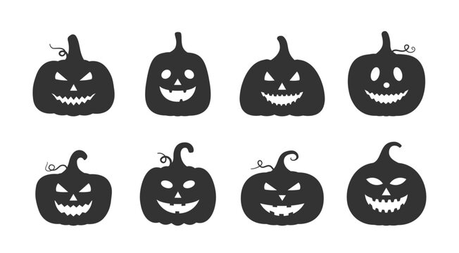 Various jack-o'-lantern silhouettes featuring different spooky and smiling facial expressions