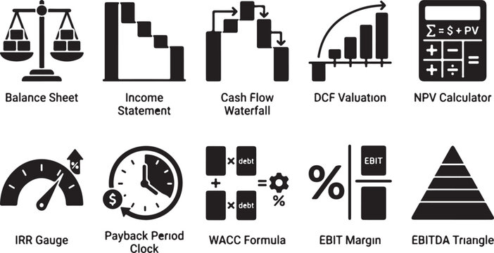Financial analysis and accounting set featuring balance sheet, income statement, cash flow waterfall, dcf valuation, and npv calculator