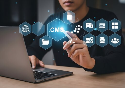 Man interacting with a content management system cms digital interface floating above laptop