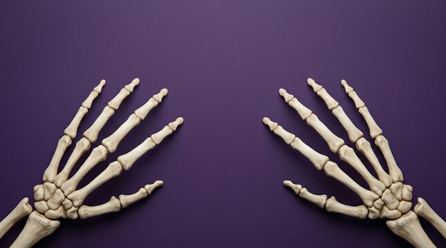Human skeleton hands isolated on purple background for creative medical science projects.