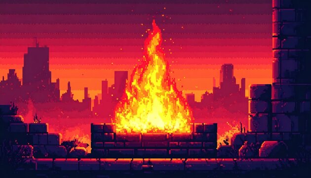 Pixel Art Cityscape with a Massive Bonfire at Dusk