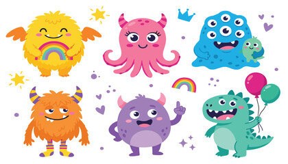 Fototapeta premium Cute colorful monsters and aliens collection vector illustration set featuring funny friendly creatures with rainbow balloons and stars