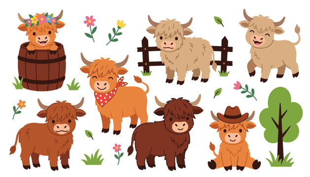 Cute scottish highland cows collection vector illustration set featuring fluffy cattle calves with barrel fence cowboy hat and flowers