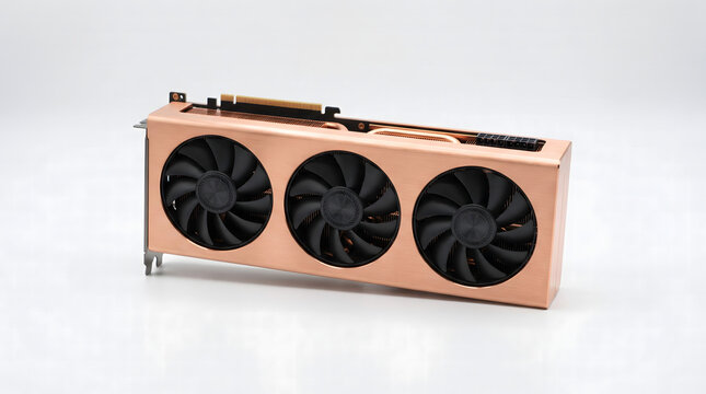 Professional-grade modern GPU featuring a triple-fan cooling system and vibrant circular RGB LED lighting. This high-end computer component is captured from a front view and isolated on a clean white 