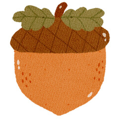 Hand-drawn acorn illustration featuring a textured crayon feel, brown cap, and green oak leaves. Ideal for autumn-themed crafts, stickers, greeting cards, children's books, and seasonal decor © TEe Du
