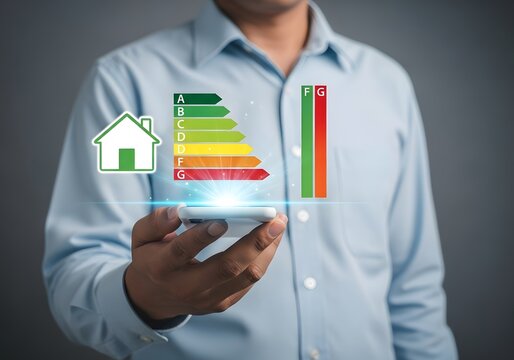 Man holding smartphone displaying energy efficiency rating scale and green house icon hologram