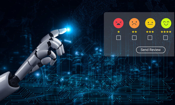 A robotic hand points towards a digital feedback interface displaying various customer satisfaction ratings, illustrating advanced technology role in user engagement and evaluation. Cyphers