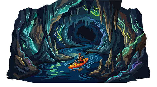 A lone adventurer kayaking through a glowing underground river cave system.