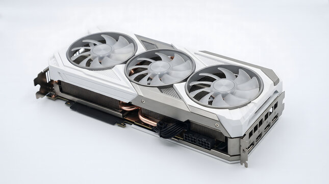 Professional-grade modern GPU featuring a triple-fan cooling system and vibrant circular RGB LED lighting. This high-end computer component is captured from a front view and isolated on a clean white 