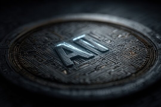 Close-up metallic token embossed with "AI" over a circuit-board pattern, evoking cryptocurrency, blockchain, and futuristic artificial intelligence themes.