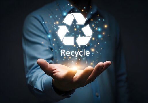Person holding a glowing white recycling symbol icon in their palm representing sustainability